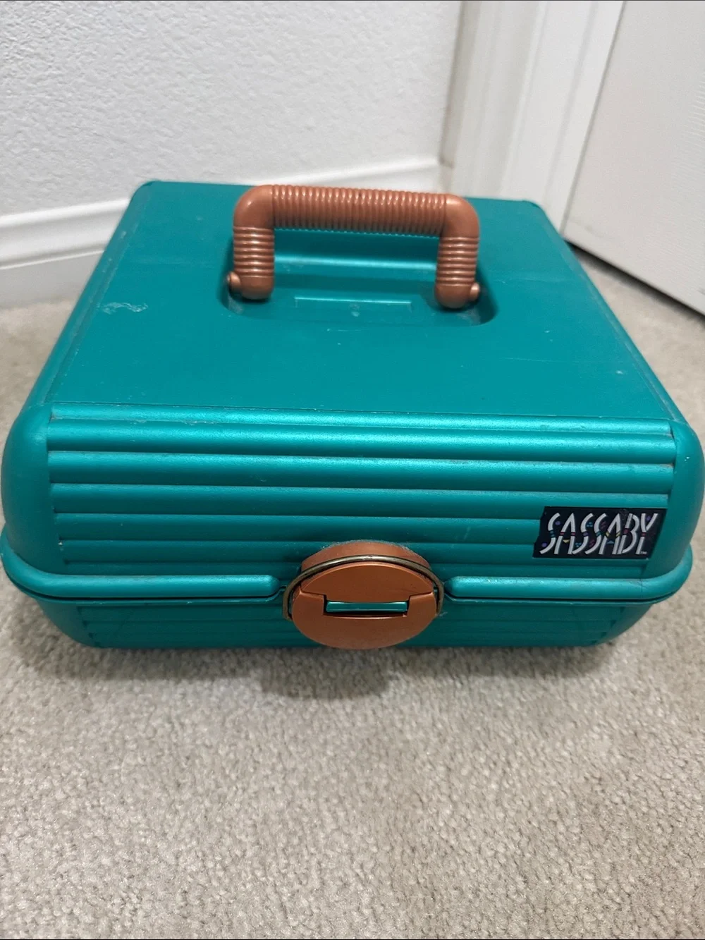 Teal Portable Storage Case with Copper Accents / make up Vintage